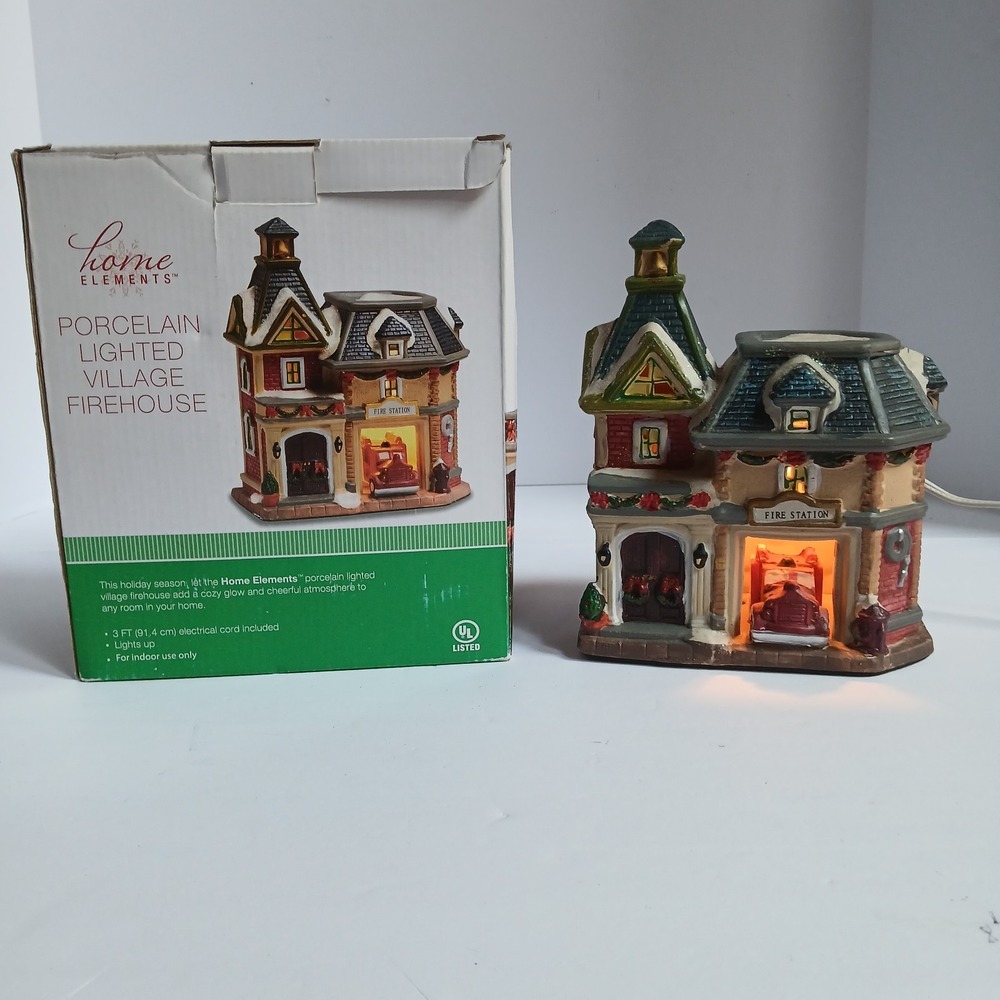 Home Elements Porcelain Lighted Village Firehouse/Station Christmas Decor